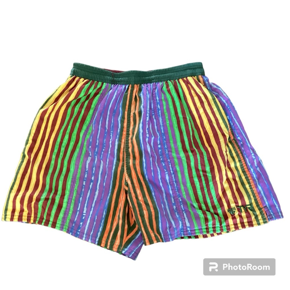 Vintage 90s TYR Mens Colorful Striped Lined Swim Trunks Small RN 77370